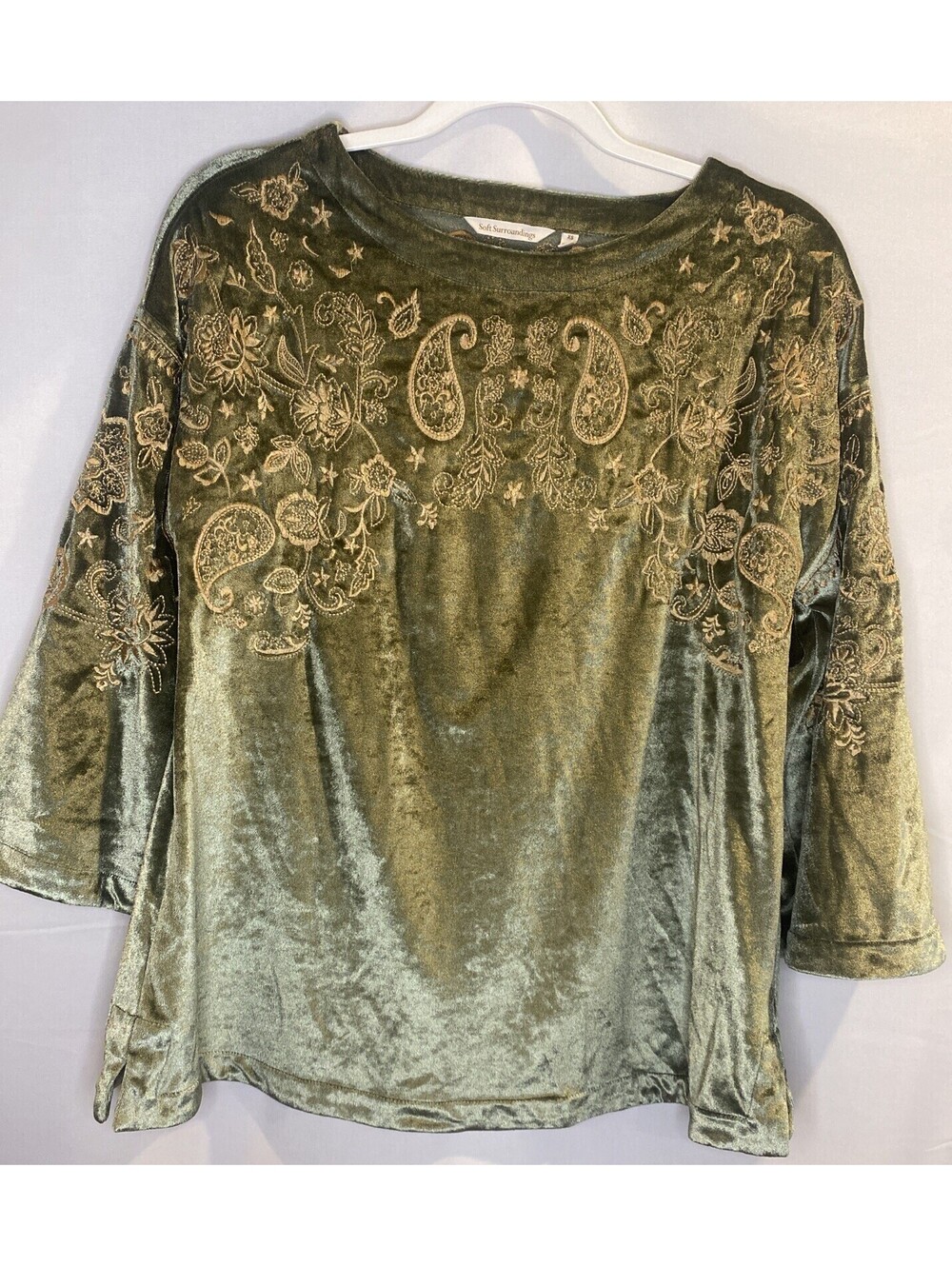 Soft Surroundings Tunic Top Green Velvet Floral Embroidery 3/4 Sleeve XS Helena